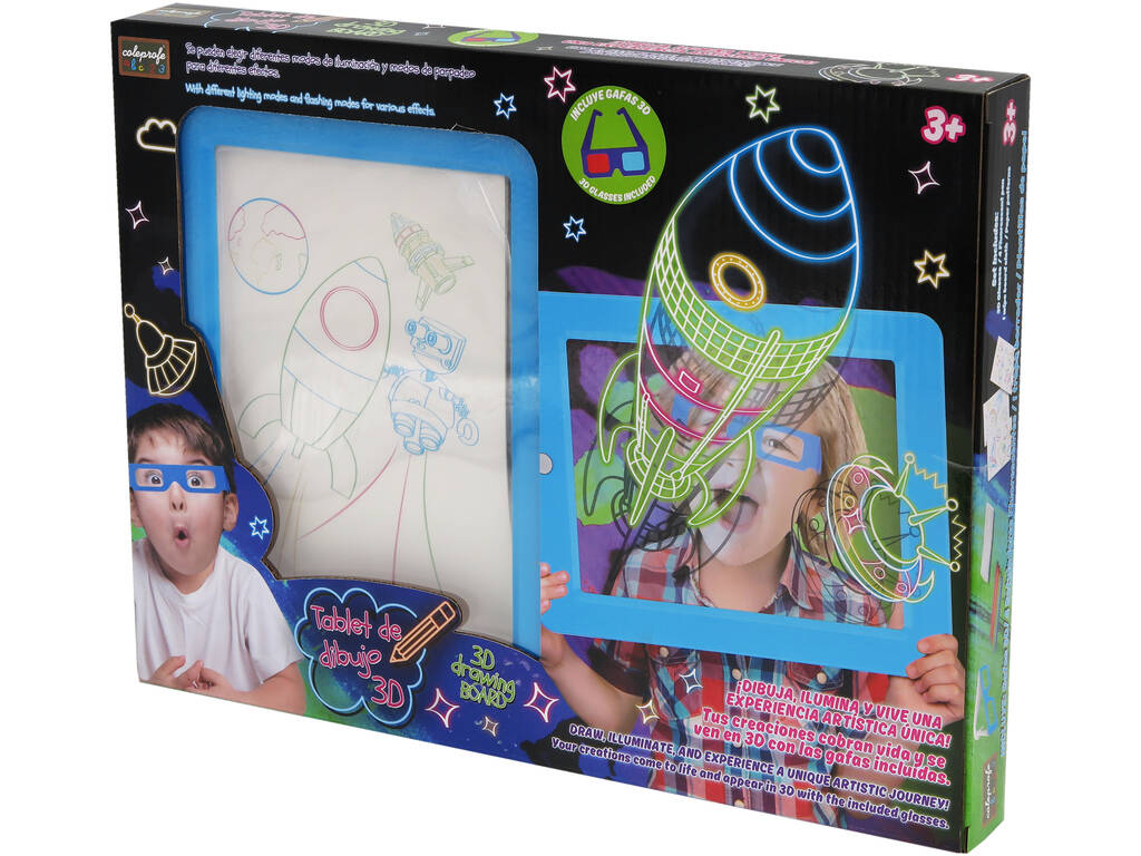 Tablet da disegno 3D blu con luce e occhiali 3D