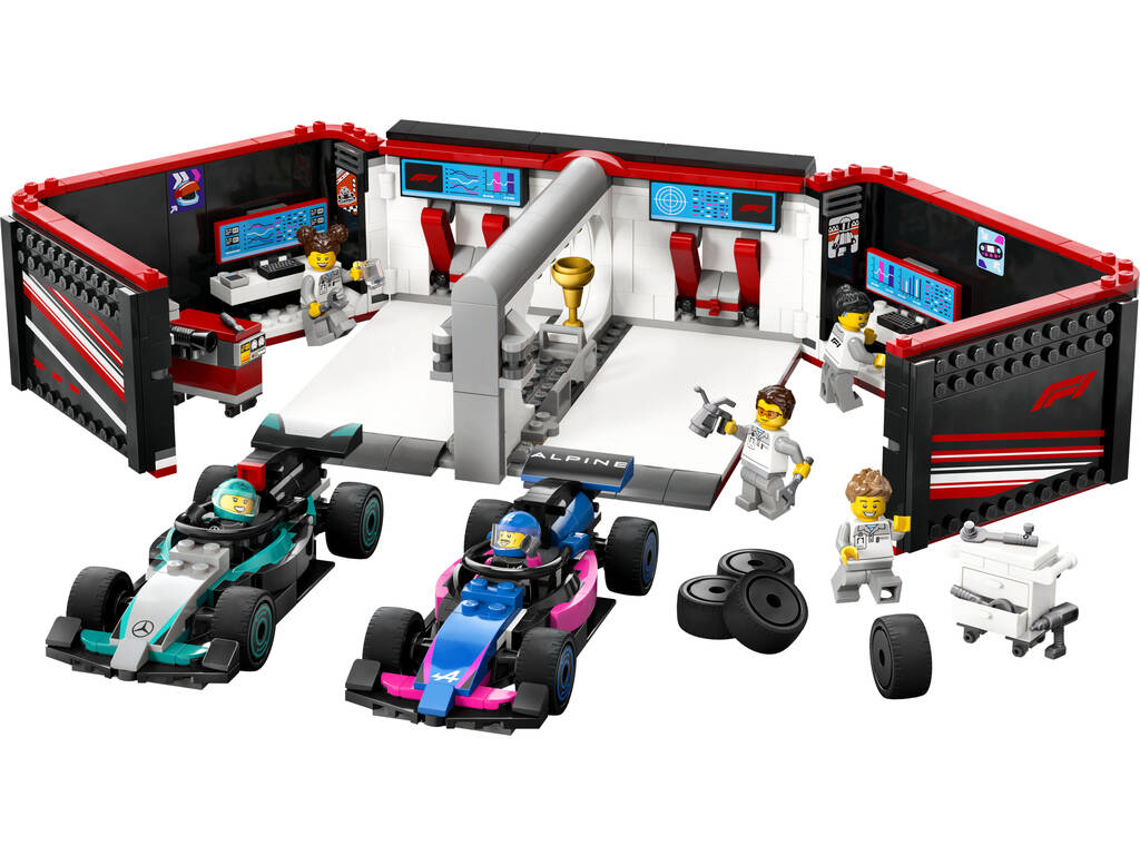 Garage Lego City Formula 1 F1 avec Mercedes AMG et Alpine Cars