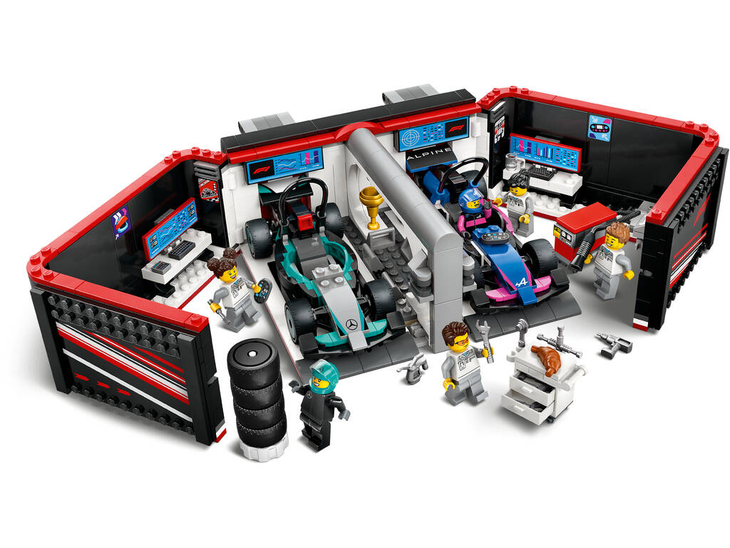 Garage Lego City Formula 1 F1 avec Mercedes AMG et Alpine Cars