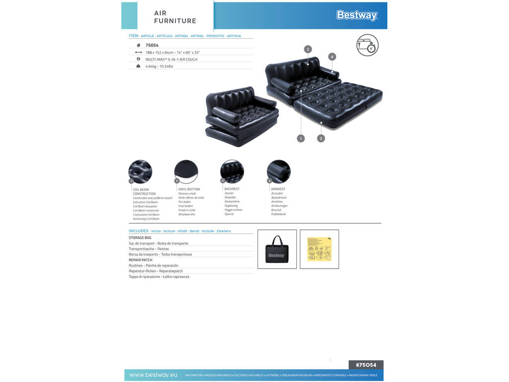 Divano gonfiabile Multi-Max 5-in-1 da 64x152x188 cm Bestway 75054