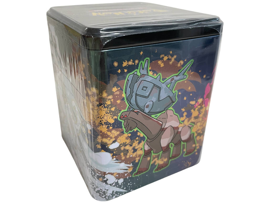 Boîte de conserve Pokémon TCG écarlate et mauve avec 3 enveloppes et autocollants