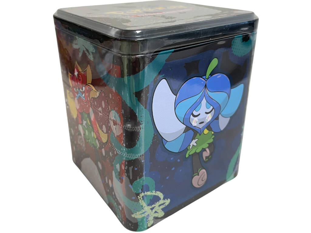 Boîte de conserve Pokémon TCG écarlate et mauve avec 3 enveloppes et autocollants