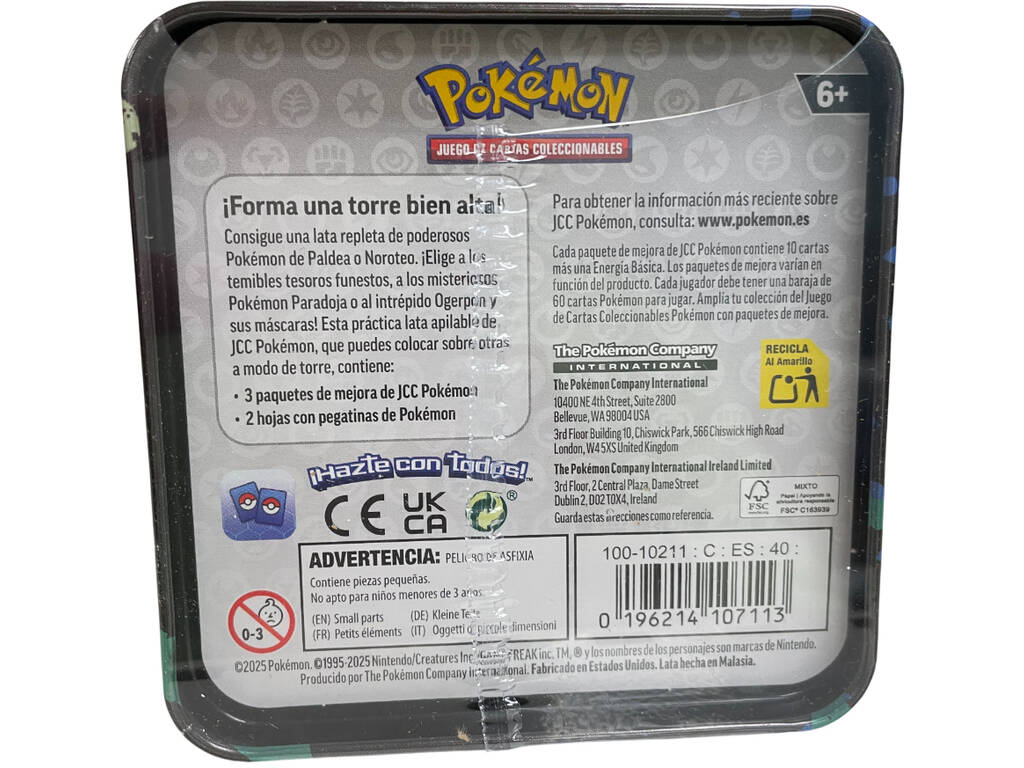 Boîte de conserve Pokémon TCG écarlate et mauve avec 3 enveloppes et autocollants