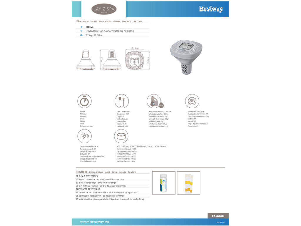 Clorador de Água para Spa Hydrogenic de 0,5 g/h Bestway 60340