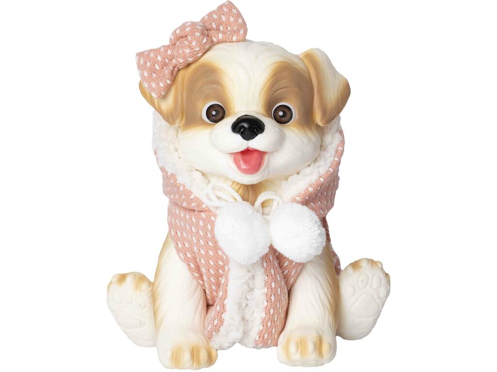Pupazzo Cagnolino Marrone e Beige da 23 cm con Cappotto Rosa