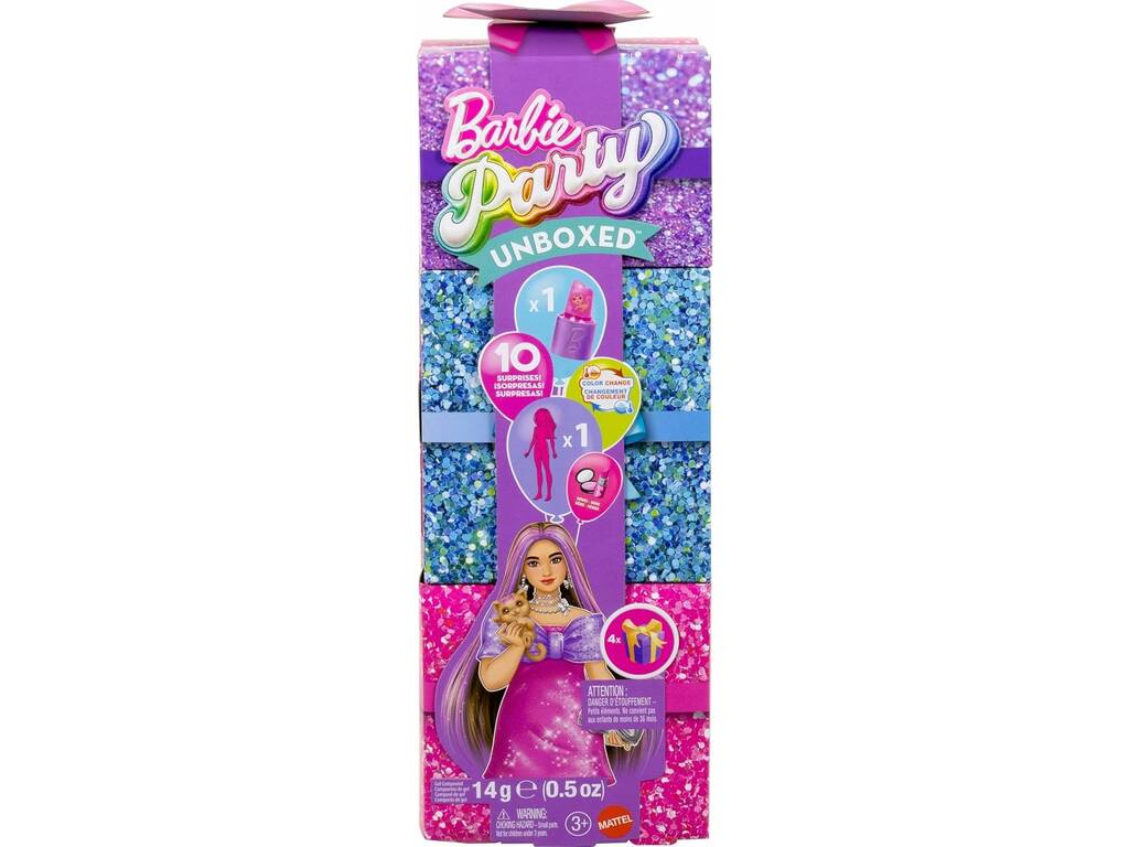 Barbie Party Unboxed Bambola con Paletta Rosa e 10 Sorprese
