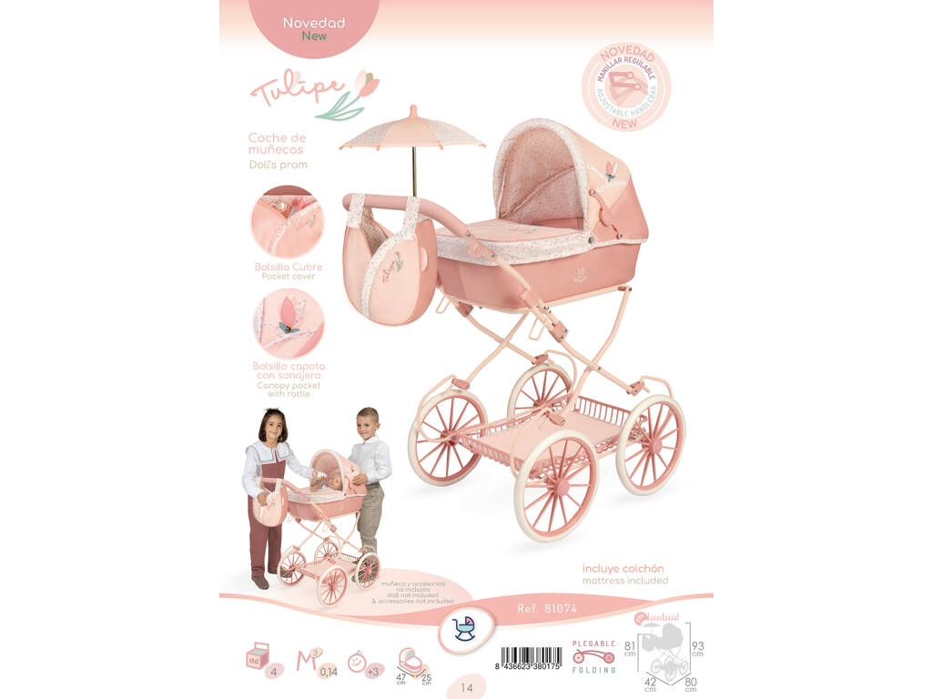 Passeggino per bambole Tulipe pieghevole con ombrellino e borsa