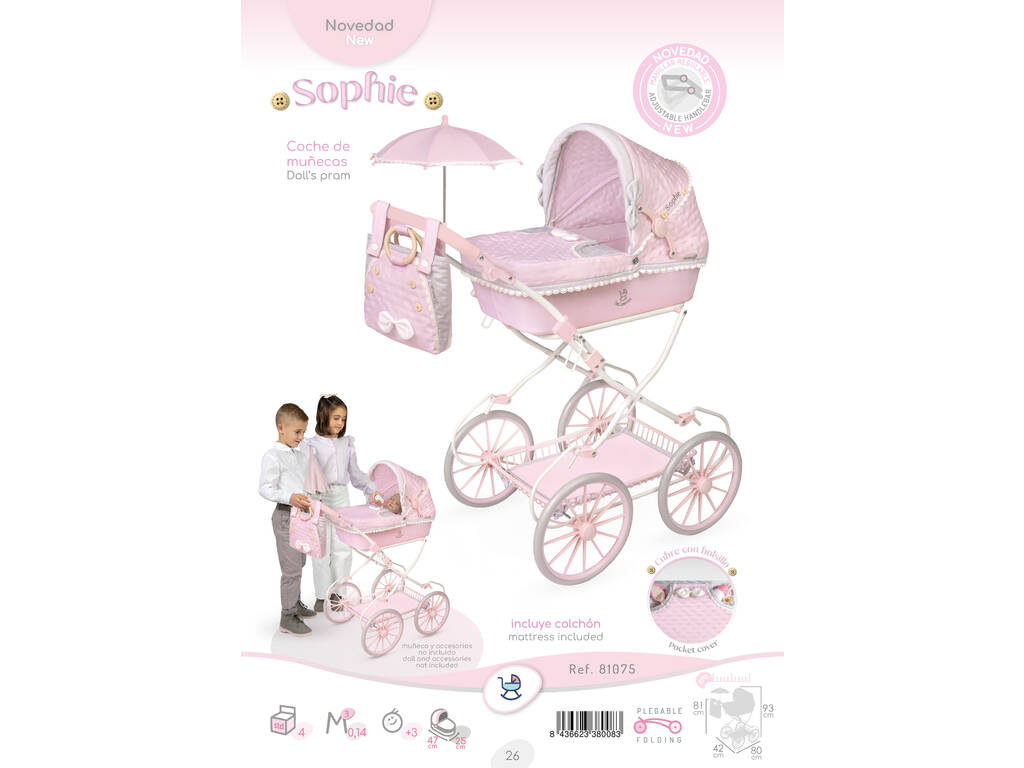Carrinho de Bonecas Clássico Sophie Dobrável com Bolsa