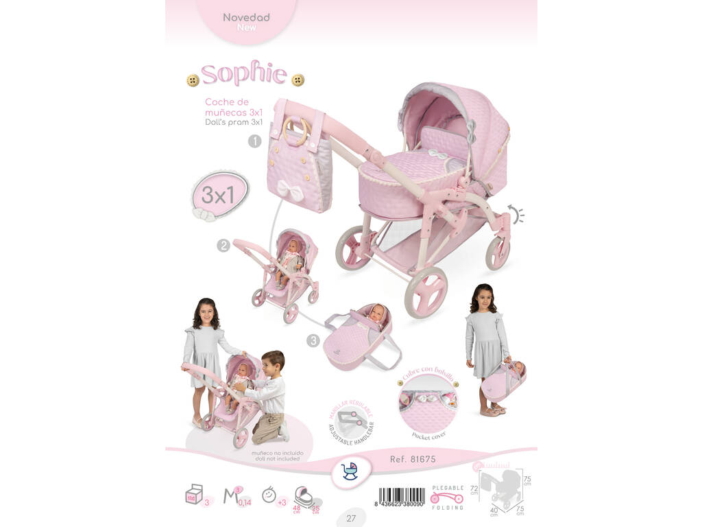 Passeggino per bambole 3x1 pieghevole Sophie con borsa