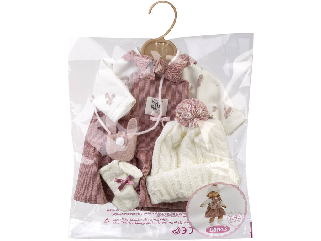 Set bambola 42 cm con salopette rosa, cappellino e calzini