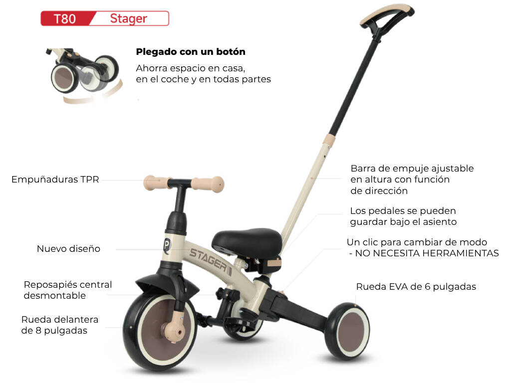 Triciclo e bicicletta Stager 3 in 1 Beige