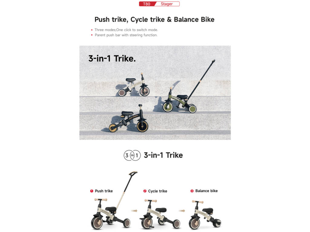 Triciclo e bicicletta Stager 3 in 1 Beige