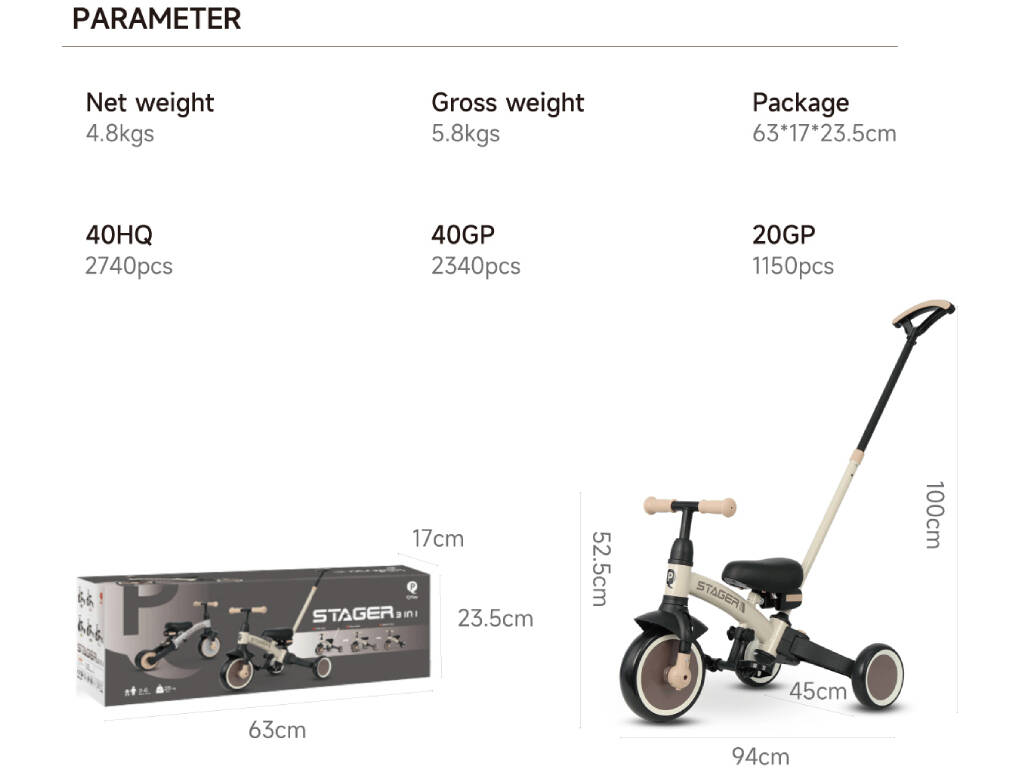 Triciclo e bicicletta Stager 3 in 1 Beige