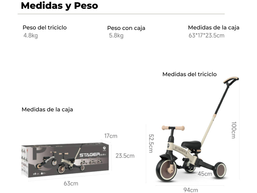 Triciclo e bicicletta Stager 3 in 1 Beige