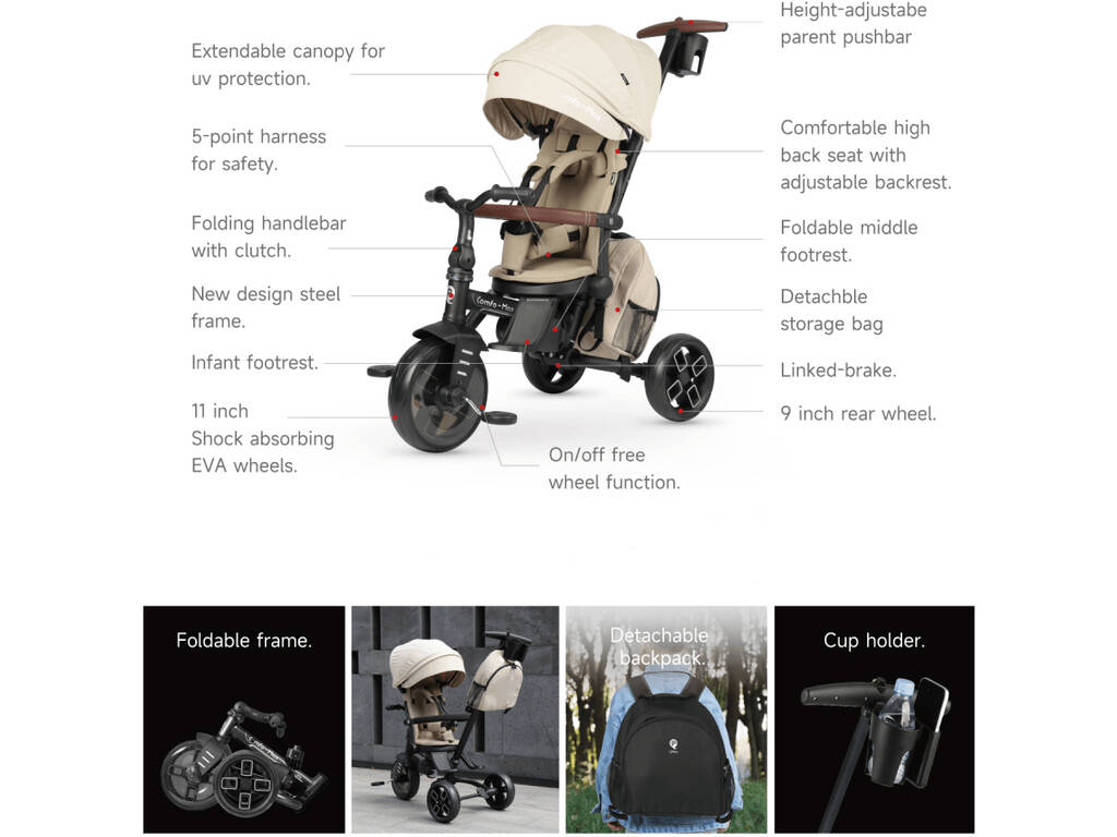 Triciclo Comfo Max 8 in 1 Beige Pieghevole