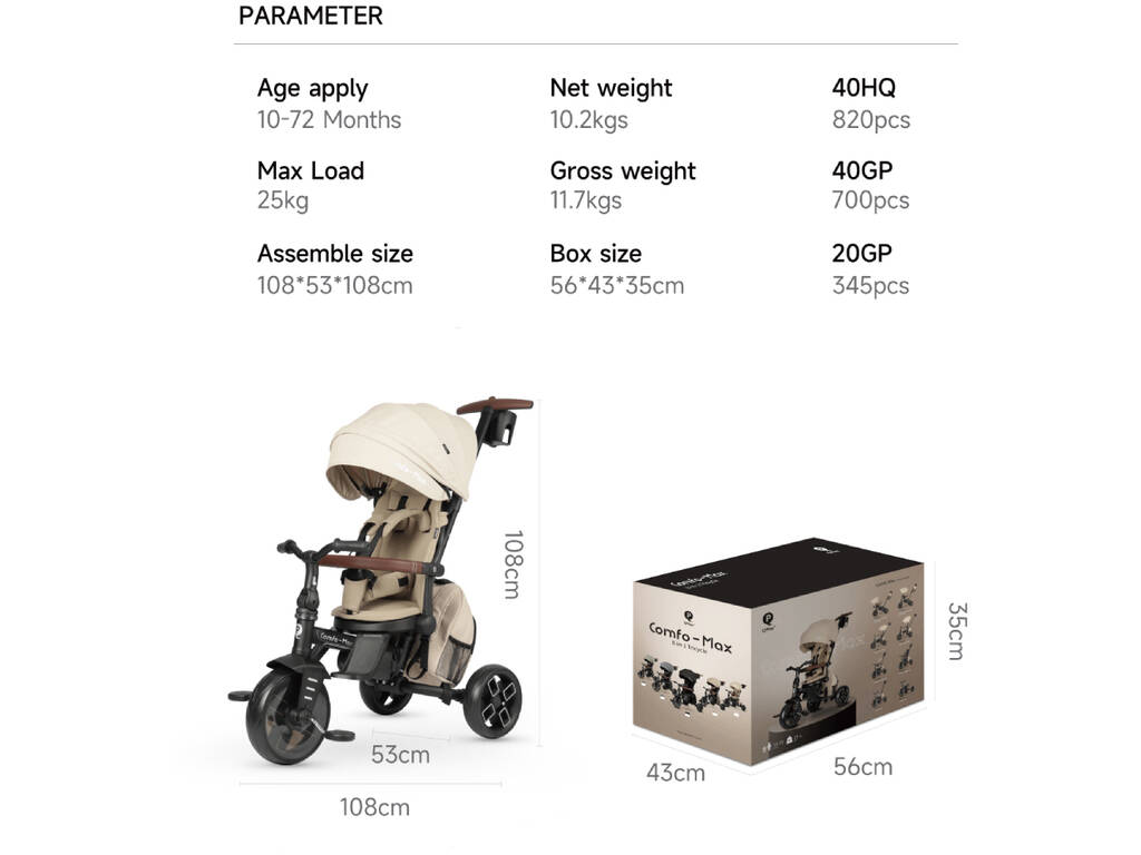 Triciclo Comfo Max 8 in 1 Beige Pieghevole