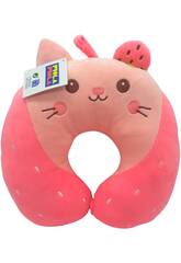 Almofada de Viagem para Pescoço Gato Morango Rosa de 27x27 cm