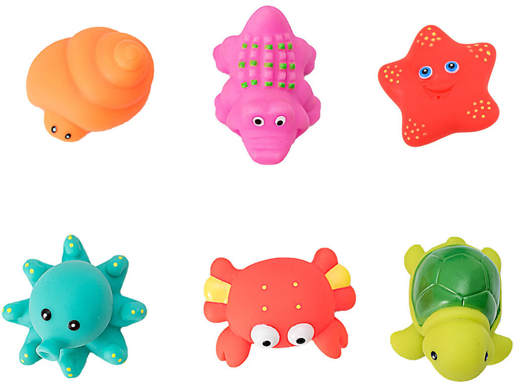 Contenitore con 6 giocattoli da bagno a forma di animali
