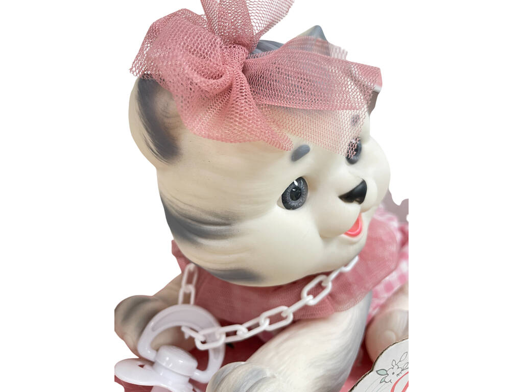 Muñeco Gatito Blanco y Gris de 23 cm con Vestido Rosa y Blanco