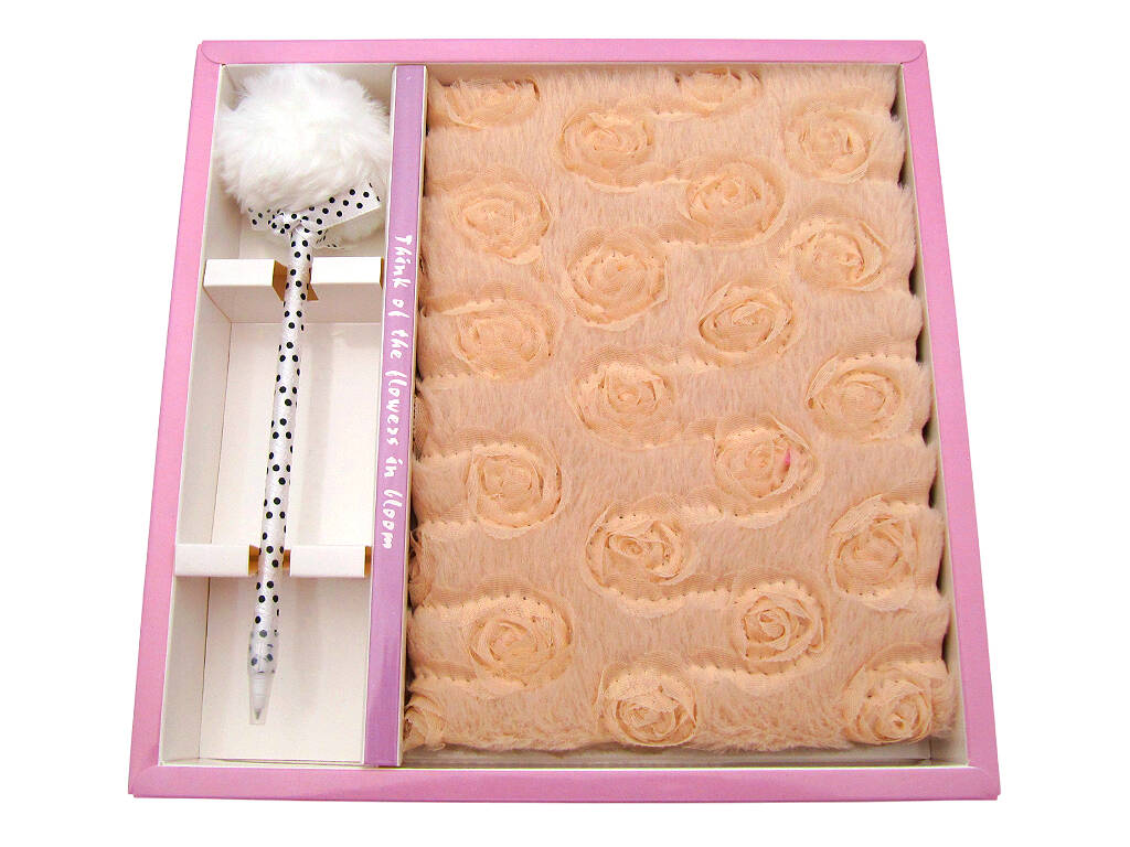 Confezione quaderno peluche A5 beige con fiori, 80 pagine e penna blu con pompon da 22 cm