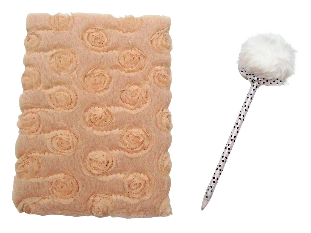 Confezione quaderno peluche A5 beige con fiori, 80 pagine e penna blu con pompon da 22 cm