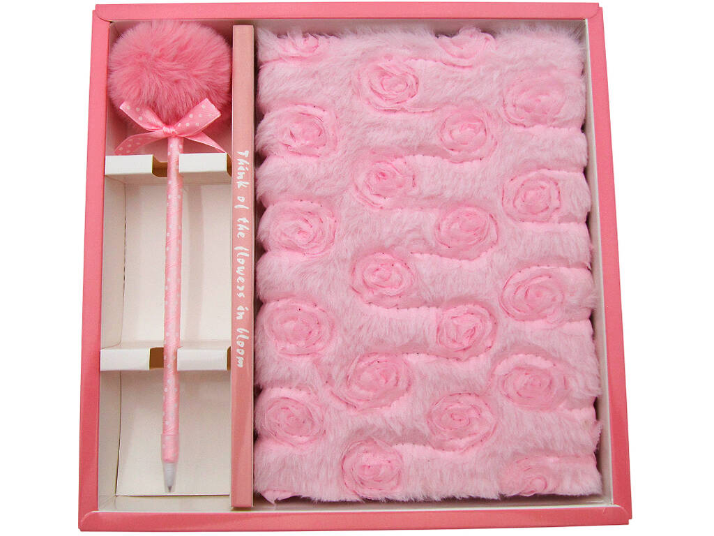 Confezione quaderno peluche A5 fiori rosa con 80 pagine e penna blu con pompon da 22 cm.