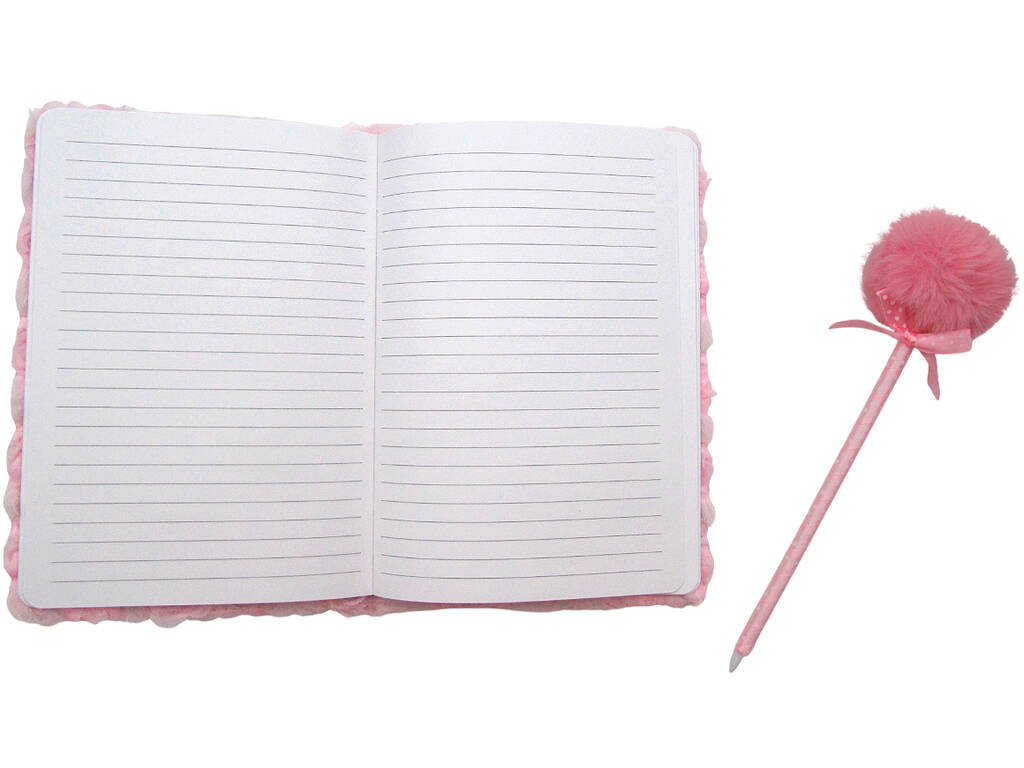 Confezione quaderno peluche A5 fiori rosa con 80 pagine e penna blu con pompon da 22 cm.