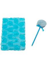Pack Quaderno Peluche A5 Fiori Blu con 80 pagine e penna blu con pompon da 22 cm