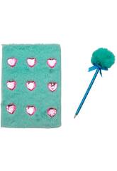Set Plüsch-Notizbuch A5 Herzen Blau mit 80 Seiten und blauer Stift mit Bommel, 22 cm