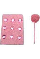 Pack Caderno Peluche A5 Corações Rosa com 80 Páginas e Caneta Azul com Pompom de 22 cm