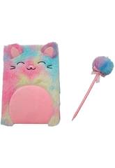 Pack Caderno Peluche A5 Gatinho Rosa com 80 Páginas e Caneta Azul com Pompom de 22 cm