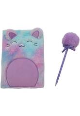 Confezione quaderno peluche A5 gattino viola con 80 pagine e penna blu con pompon da 22 cm