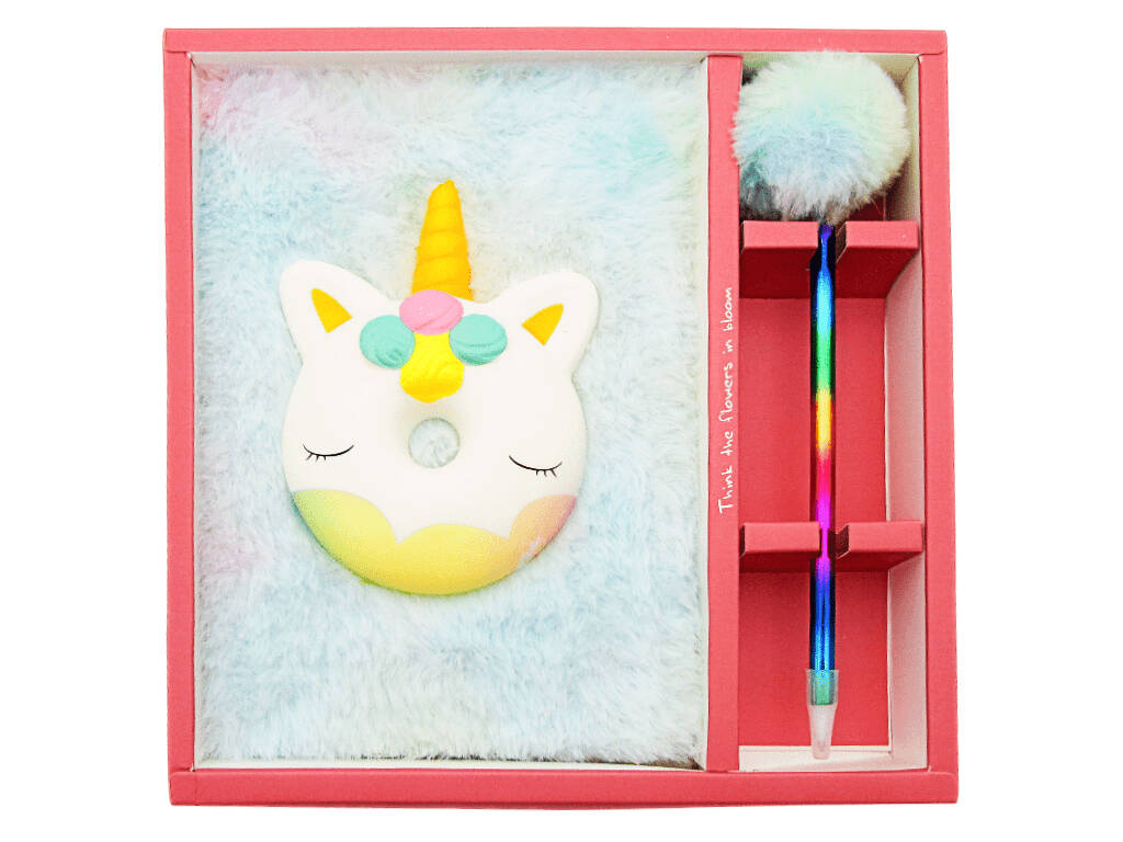 Taccuino peluche Squeezy A5 Donut Unicorno Bianco con 80 pagine e penna blu con pompon da 21 cm