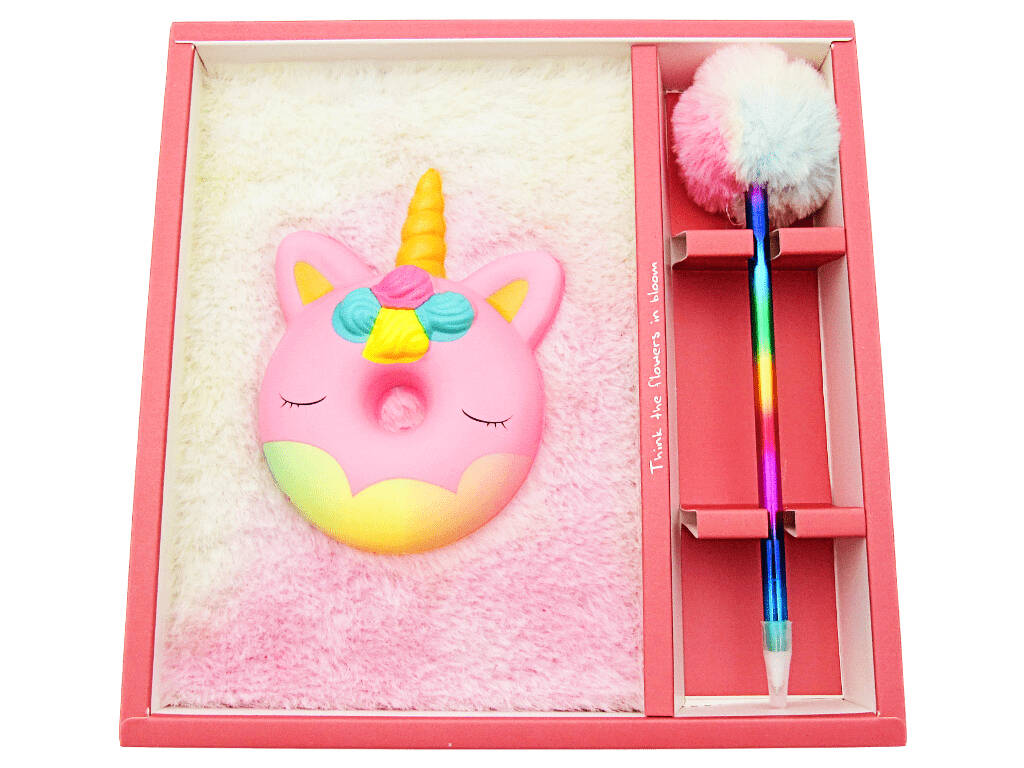 Taccuino peluche Squeezy A5 Donut Unicorno Rosa con 80 pagine e penna blu con pompon da 21 cm