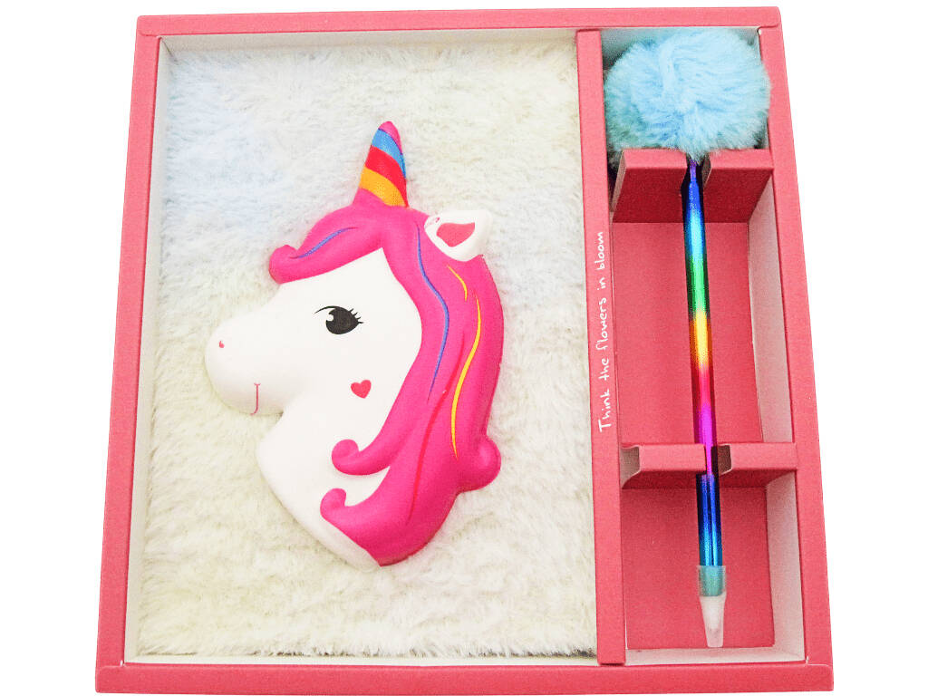 Taccuino Peluche Squeezy A5 Unicorno Donut Bianco con 80 pagine e penna blu con pompon da 21 cm