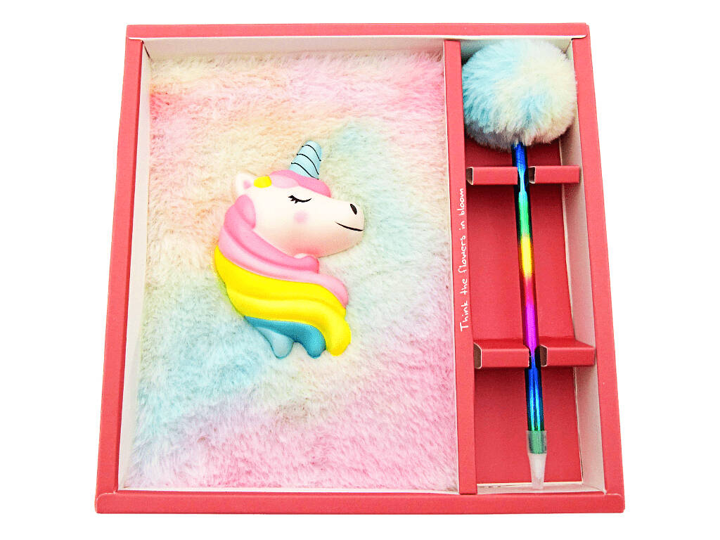 Taccuino Peluche Squeezy A5 Unicorno Corno Blu con 80 pagine e penna blu con pompon da 21 cm