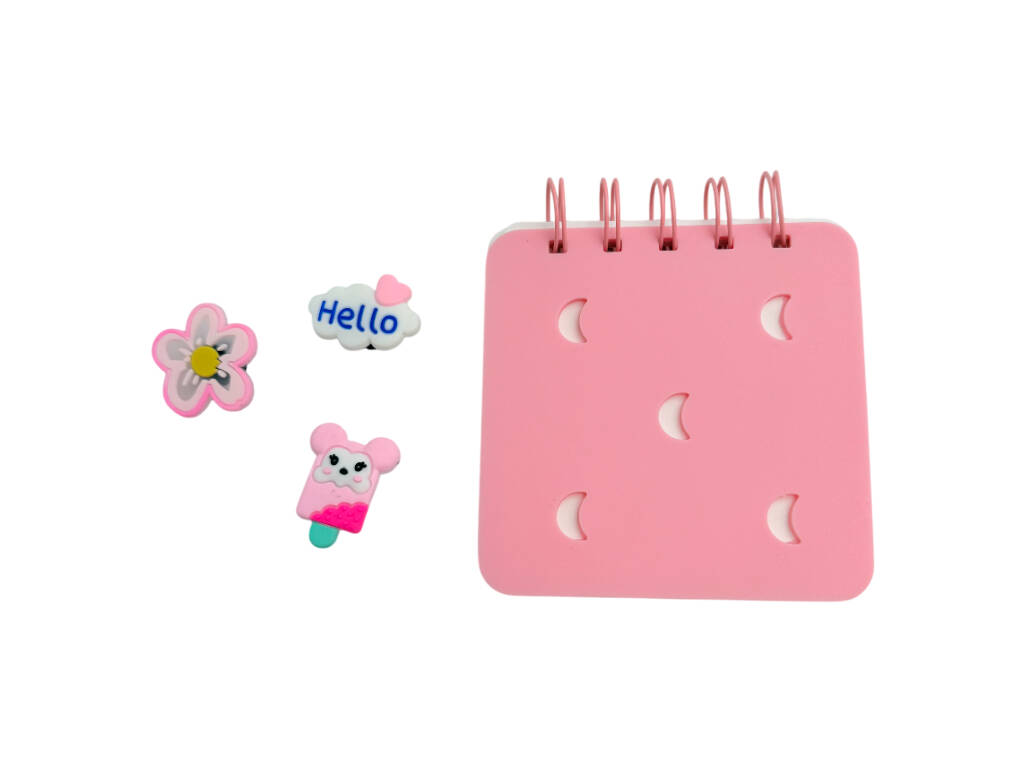 Taccuino A7 rosa perforato con 50 pagine e 3 spille decorative