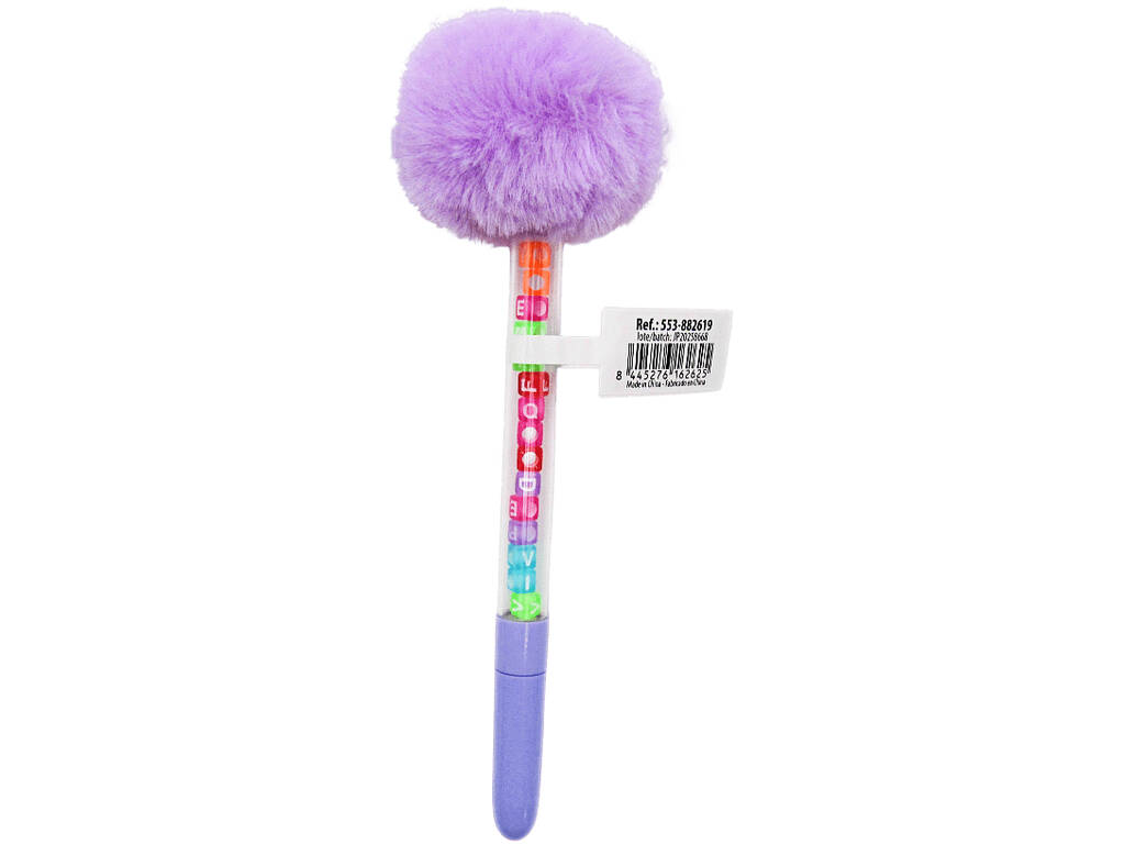 Penna a sfera blu con pompon e perline con lettere da 19 cm