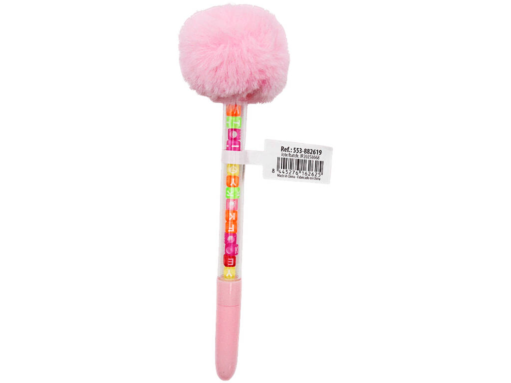 Penna a sfera blu con pompon e perline con lettere da 19 cm