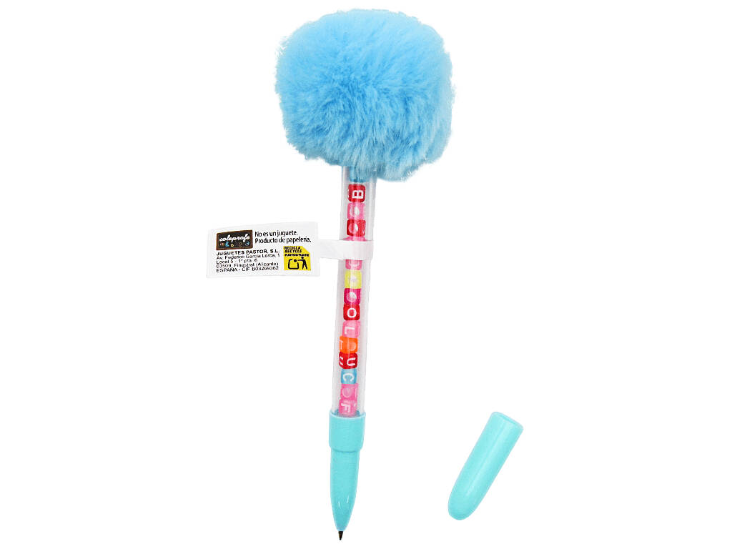 Penna a sfera blu con pompon e perline con lettere da 19 cm