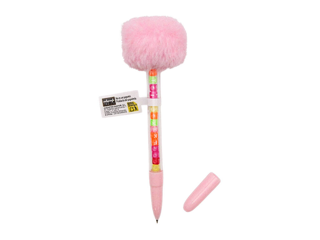 Penna a sfera blu con pompon e perline con lettere da 19 cm