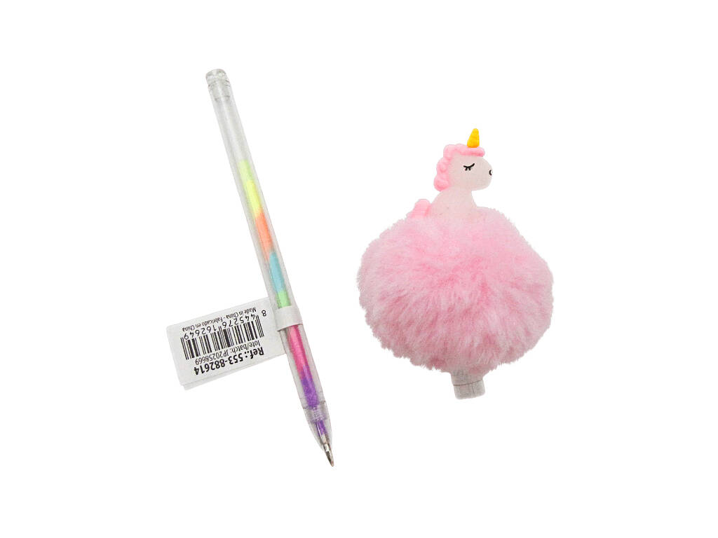 Penna multicolore con pompon e unicorno da 19 cm