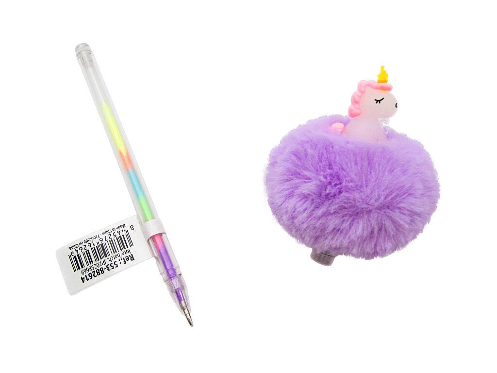 Penna multicolore con pompon e unicorno da 19 cm