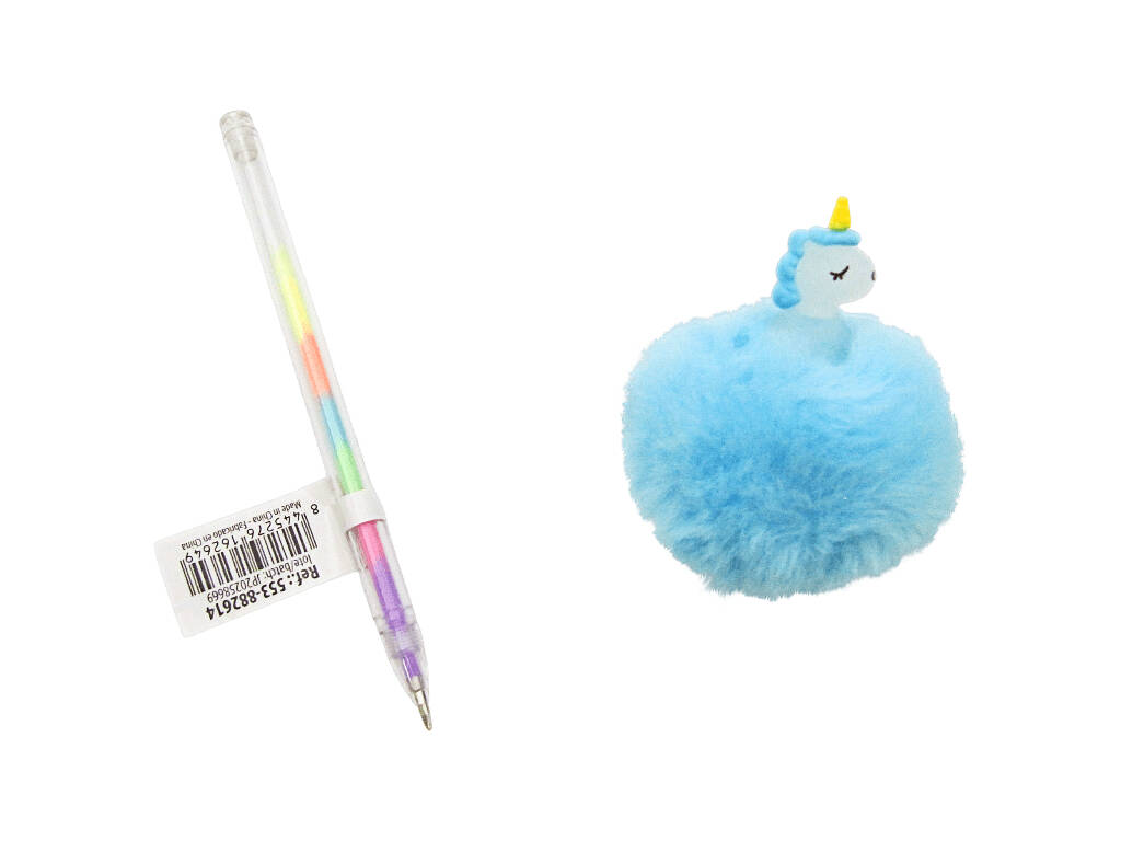 Penna multicolore con pompon e unicorno da 19 cm