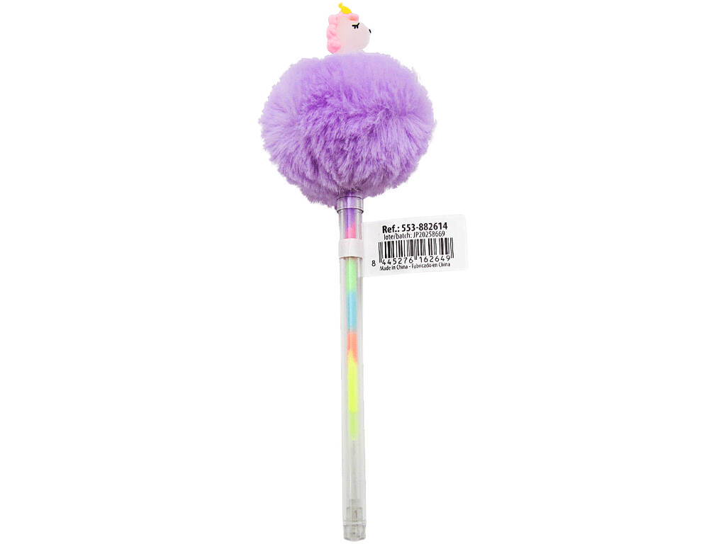 Penna multicolore con pompon e unicorno da 19 cm