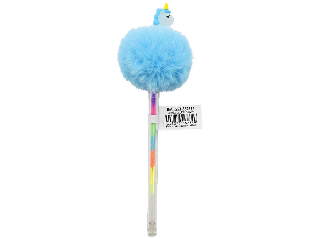 Penna multicolore con pompon e unicorno da 19 cm