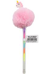 Penna multicolore con pompon e unicorno da 19 cm