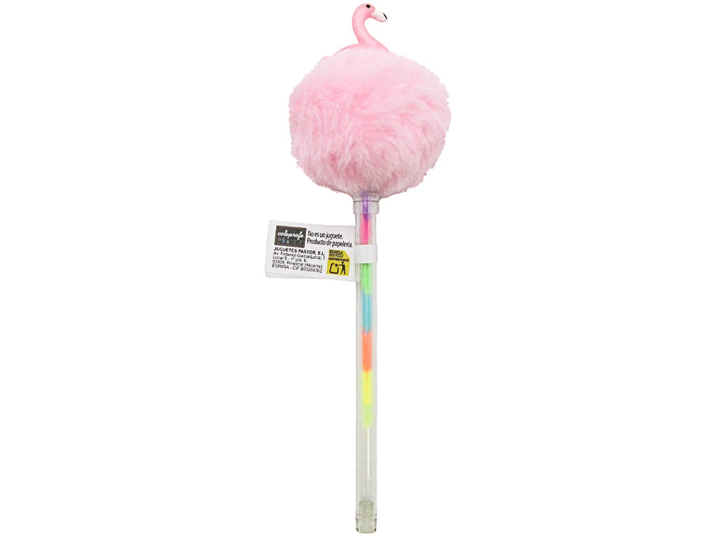 Penna multicolore con pompon e flamenco da 19 cm