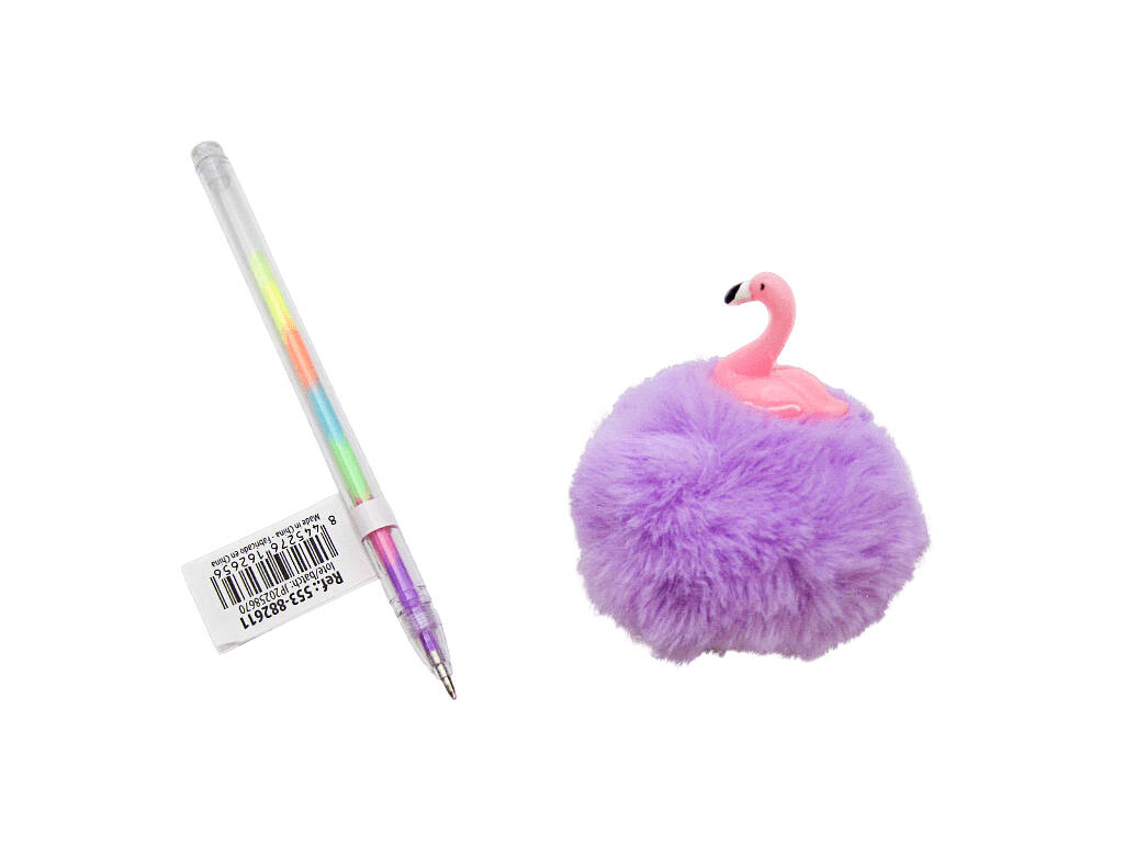 Penna multicolore con pompon e flamenco da 19 cm