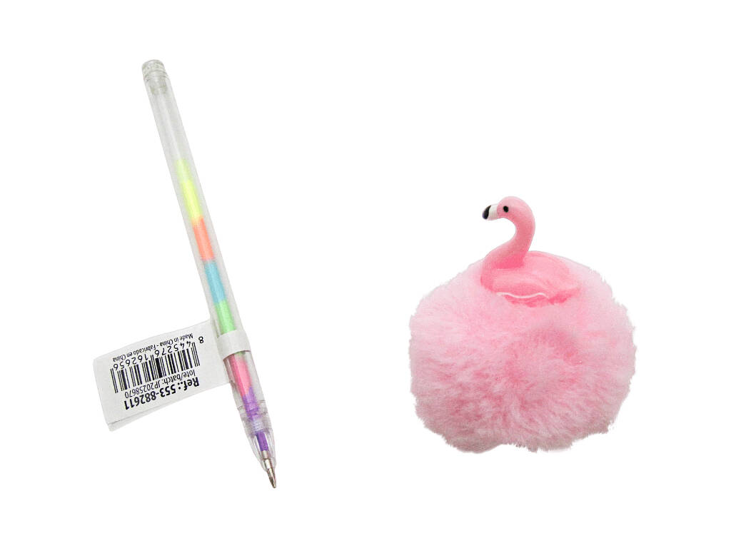 Penna multicolore con pompon e flamenco da 19 cm